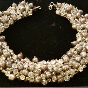 Stunning Vintage Choker Necklace Grey and Clear